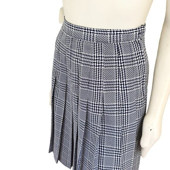 VTG 80s RAFAEL Houndstooth Plaid Pleated Skirt in Navy Blue & White SZ 4 - Picture 3 of 12